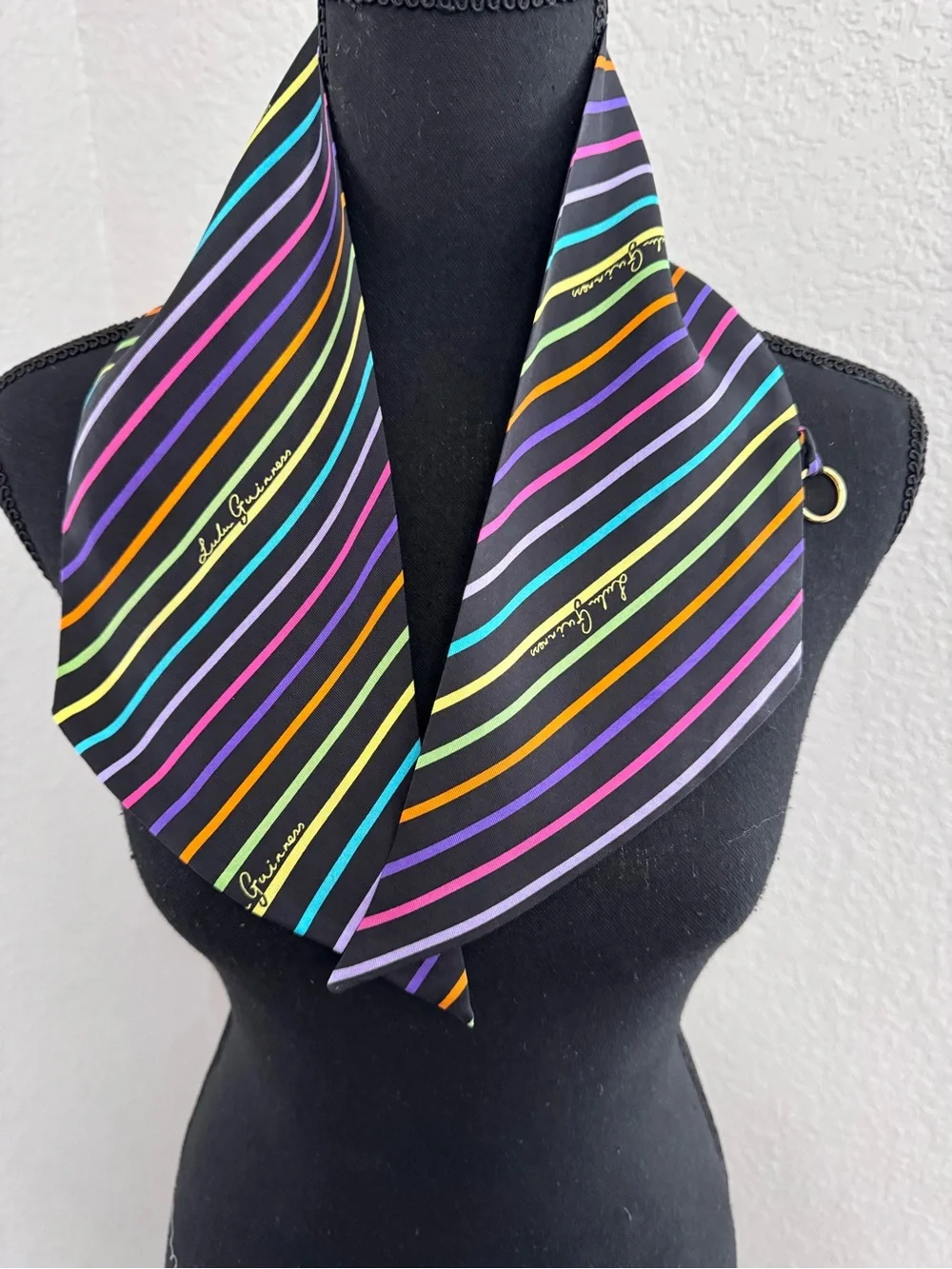 Lulu Guinness Black 100% Silk Rainbow-Striped Silk Scarf NWOT